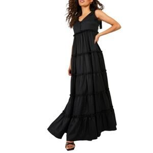 Boohoo Black Ruffle Tier Tie Shoulder Maxi Dress Women’s Size 6 Whimsygoth Boho